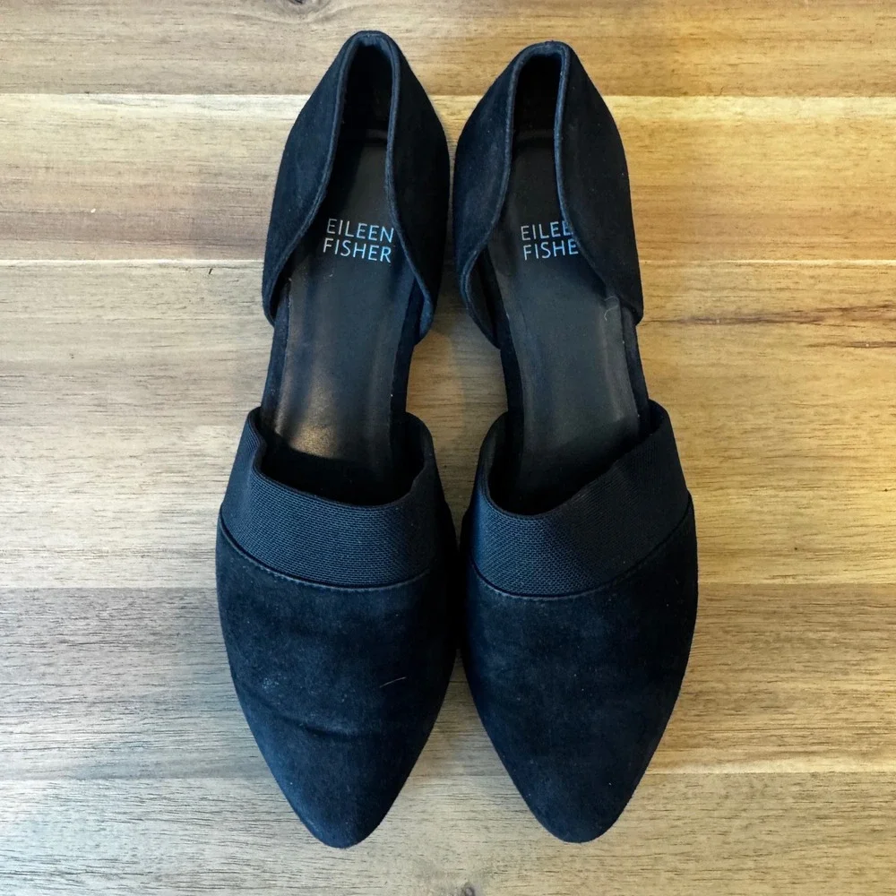 Eileen Fisher Women 6.5‎ Black Suede Pointed Toe d'Orsay Flats Elastic Strap